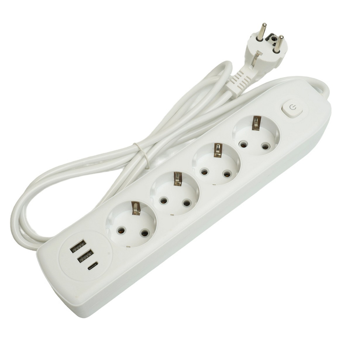 Удлинитель STEKKER HM08-43-02 4-местный c/з 3x1 мм2 1,8 м 2USB+1Type-C 2,4А Home белый 49971