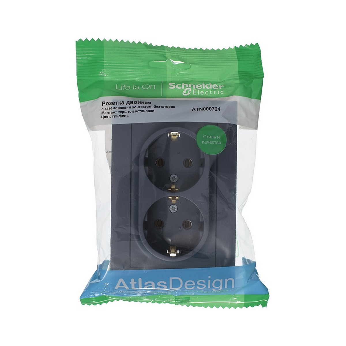 Розетка Systeme Electric AtlasDesign Грифель с/з двойная, 16А, в сборе ATN000724