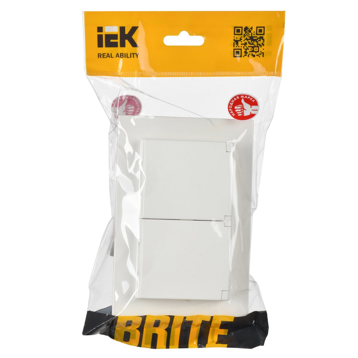 Розетка IEK BRITE 2-ая с/з с шторками и крышкой 16А в сборе IP44 РСбш12-3-44-БрБ белый BR-R26-16-44-