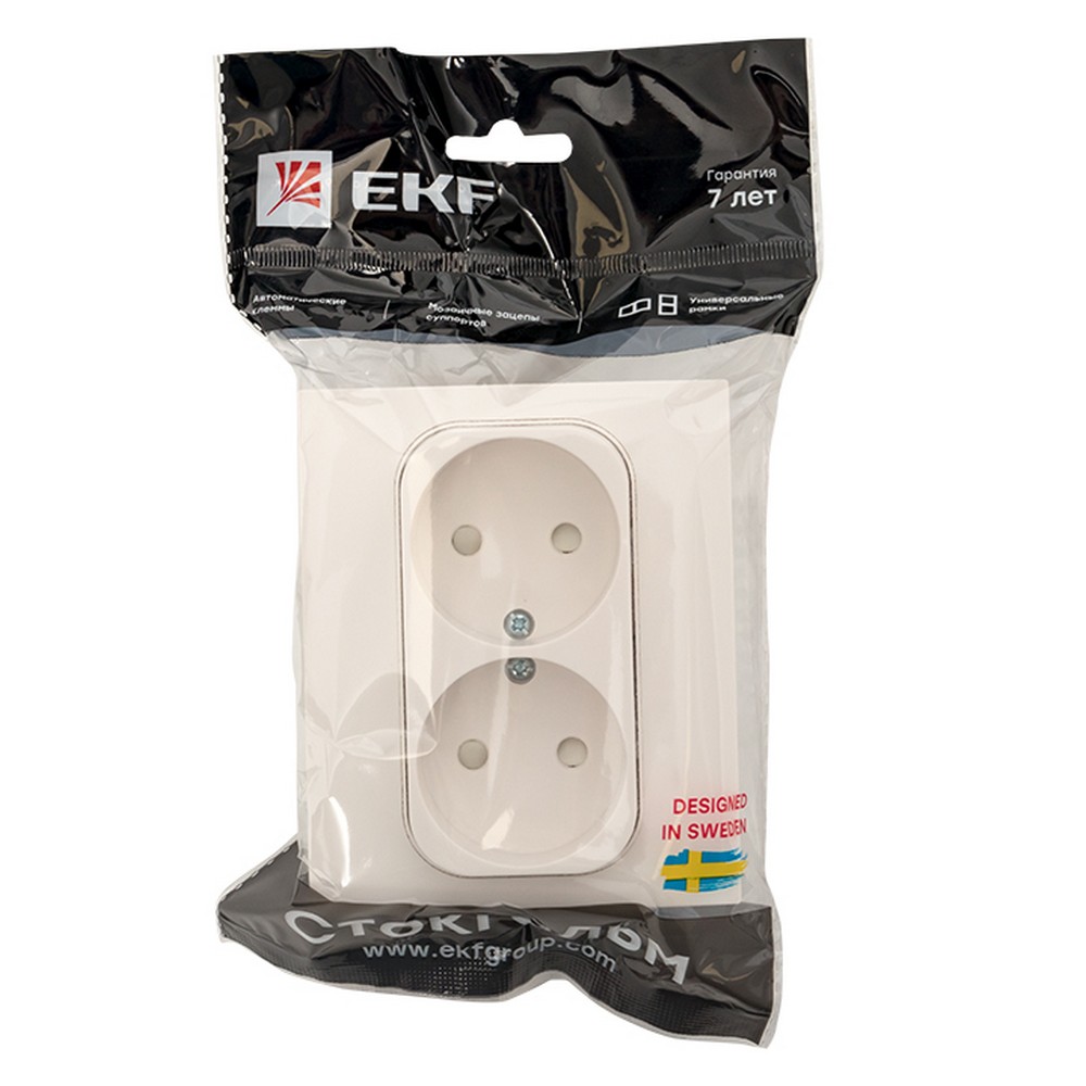 EKF Стокгольм белый Розетка EKF PROxima Стокгольм Белый 2-ая б/з с рамкой 10А со шторками EXR10-102-10
