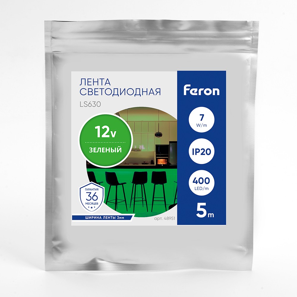 Лента светодиодная Feron LS630 COB 400SMD(2110)/м 7Вт/м 12V зеленый IP20 5 метров 48951