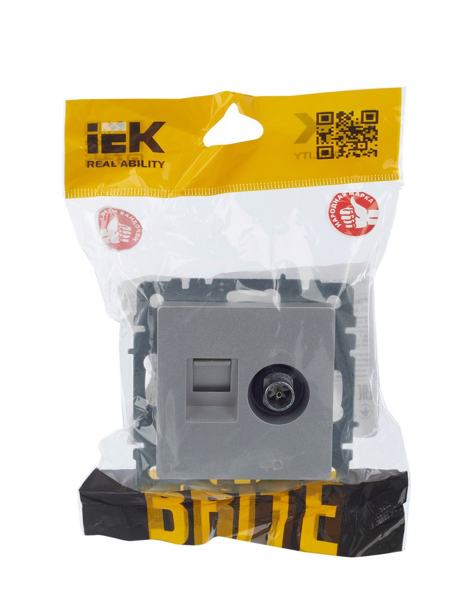 Розетка IEK BRITE двойная TV+RJ45 кат.5E РТВ/РК12-БрА алюминий BR-AK20-1-K47