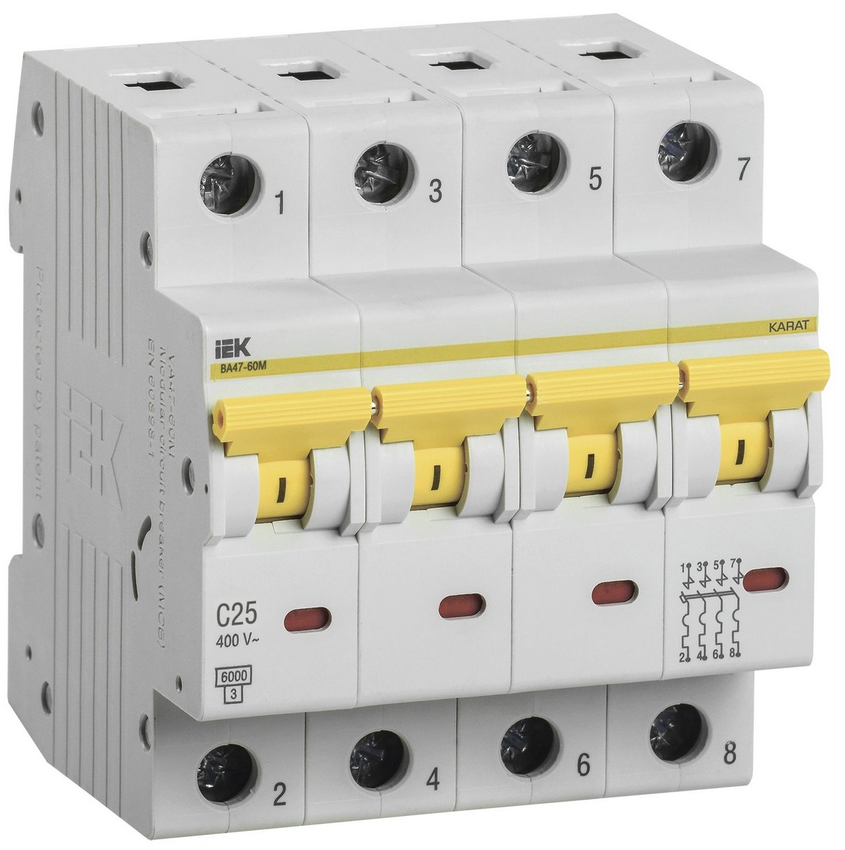 4 полюсные (четырехполюсные) Автоматический выключатель IEK KARAT ВА47-60M 4Р 25А 6кА С MVA31-4-025-C 