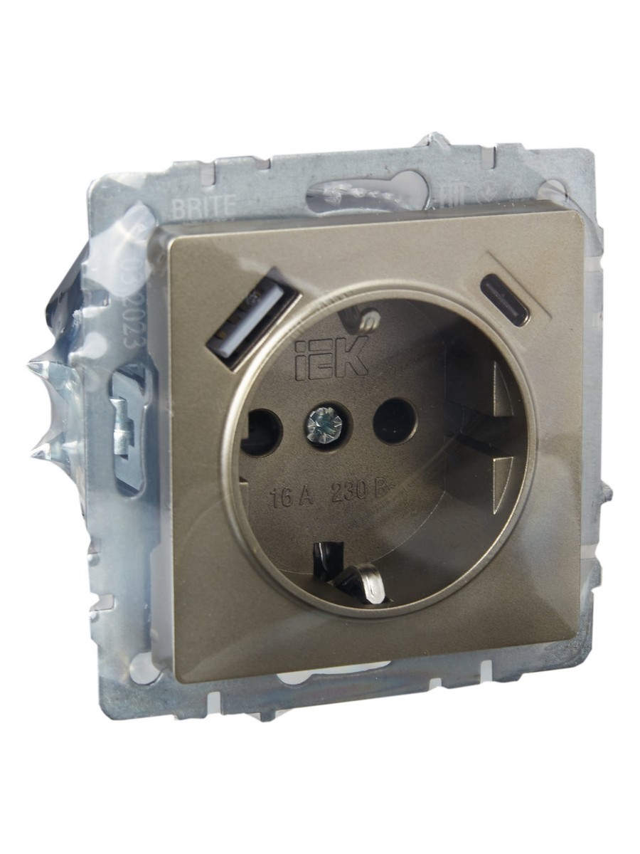Розетка IEK BRITE с с/з и шторками 16А с USB A+C 18Вт РЮш11-1-БрШ шампань BR-R14-16-U22-018-K37