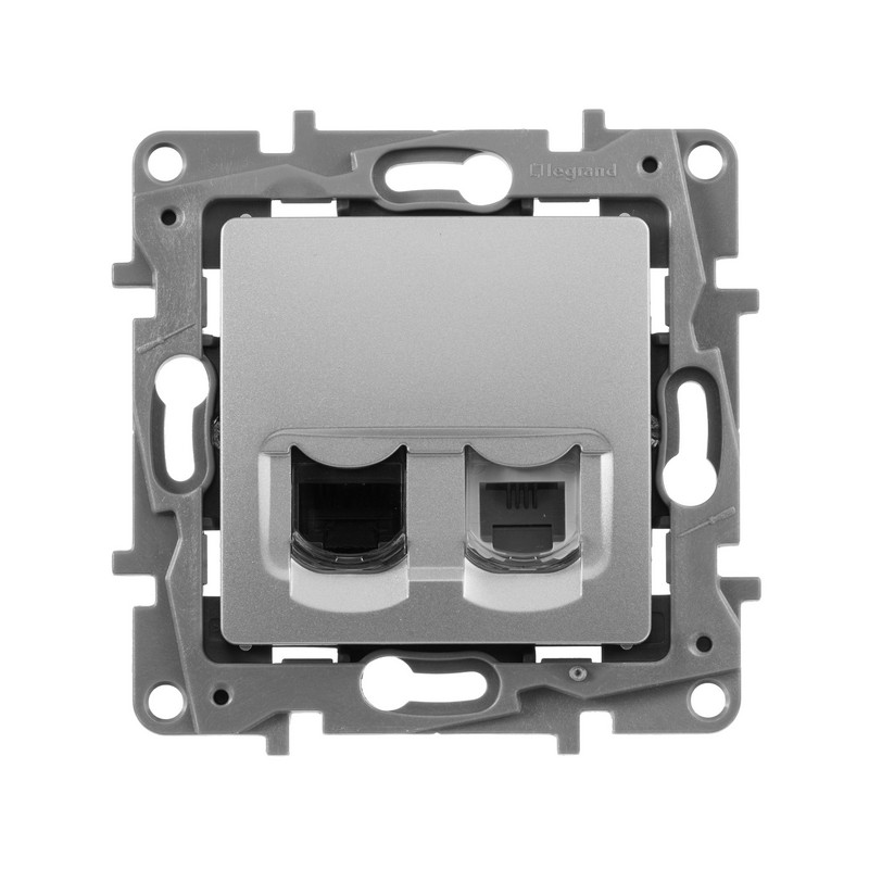 Розетка телефон + компьютер Legrand Etika алюминий (RJ11+RJ45) 5 кат. UTP 672452
