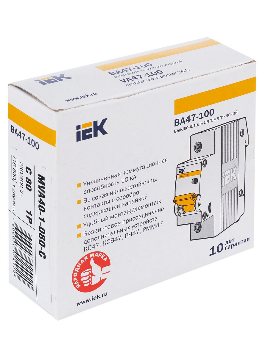 1 полюсные (однополюсные) Автоматический выключатель IEK KARAT ВА 47-100 1Р 80А 10 кА х-ка С MVA40-1-080-C 