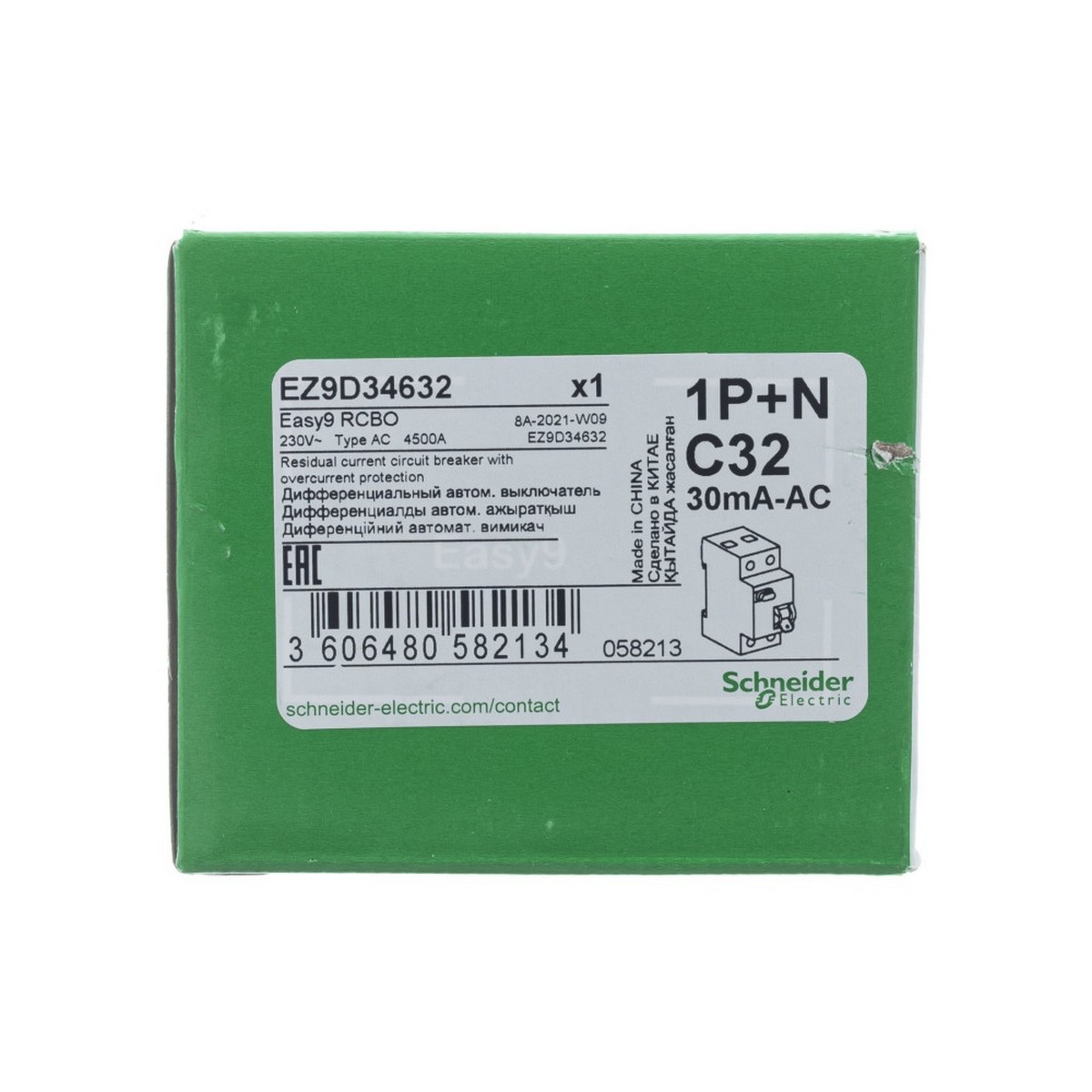 Дифференциальный автоматический выключатель SCHNEIDER ELECTRIC EASY 9 1П+Н 32A 30mA 4,5kA тип AC х-к