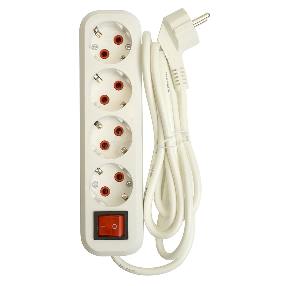 Колодки и удлинители, тройники Удлинитель STEKKER четырехместный с/з с выключ. HM07-41-05 5м Home (У16А-003) белый 49360 