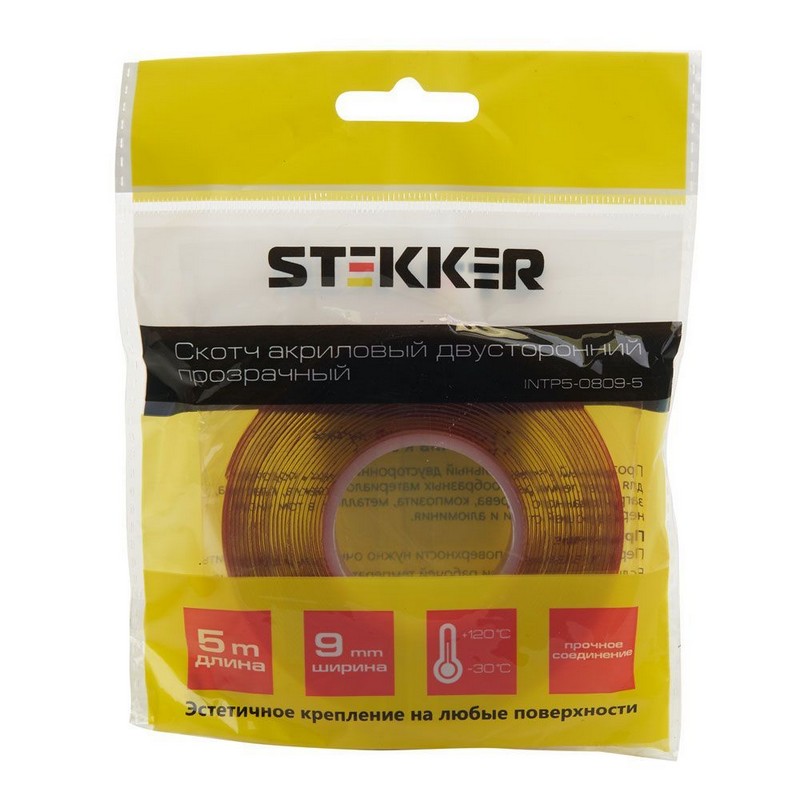 Скотч акриловый двусторонний STEKKER INTP5-0809-5 08*9 ммдлина 5м прозрачный  красная подложка 39144