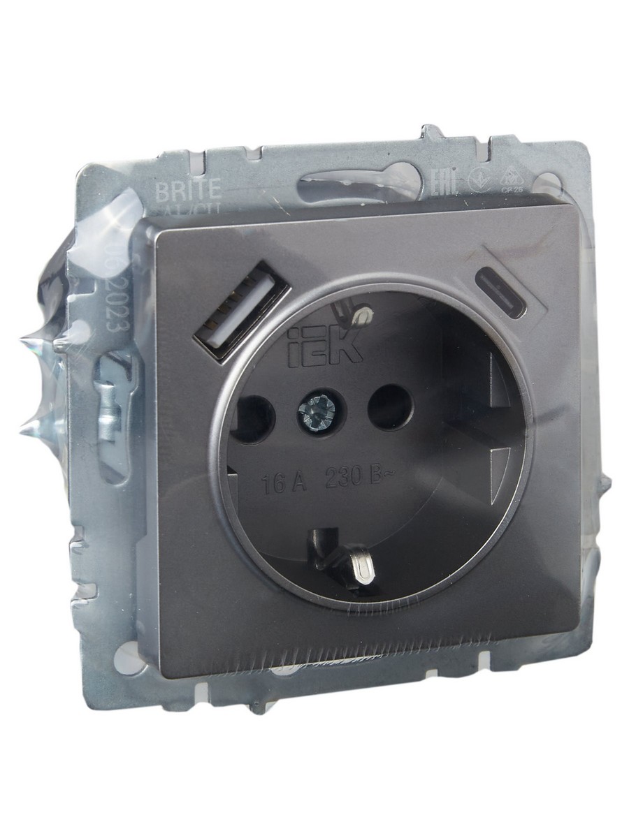 Розетка IEK BRITE с с/з и шторками 16А с USB A+C 18Вт РЮш11-1-БрС сталь BR-R14-16-U22-018-K46