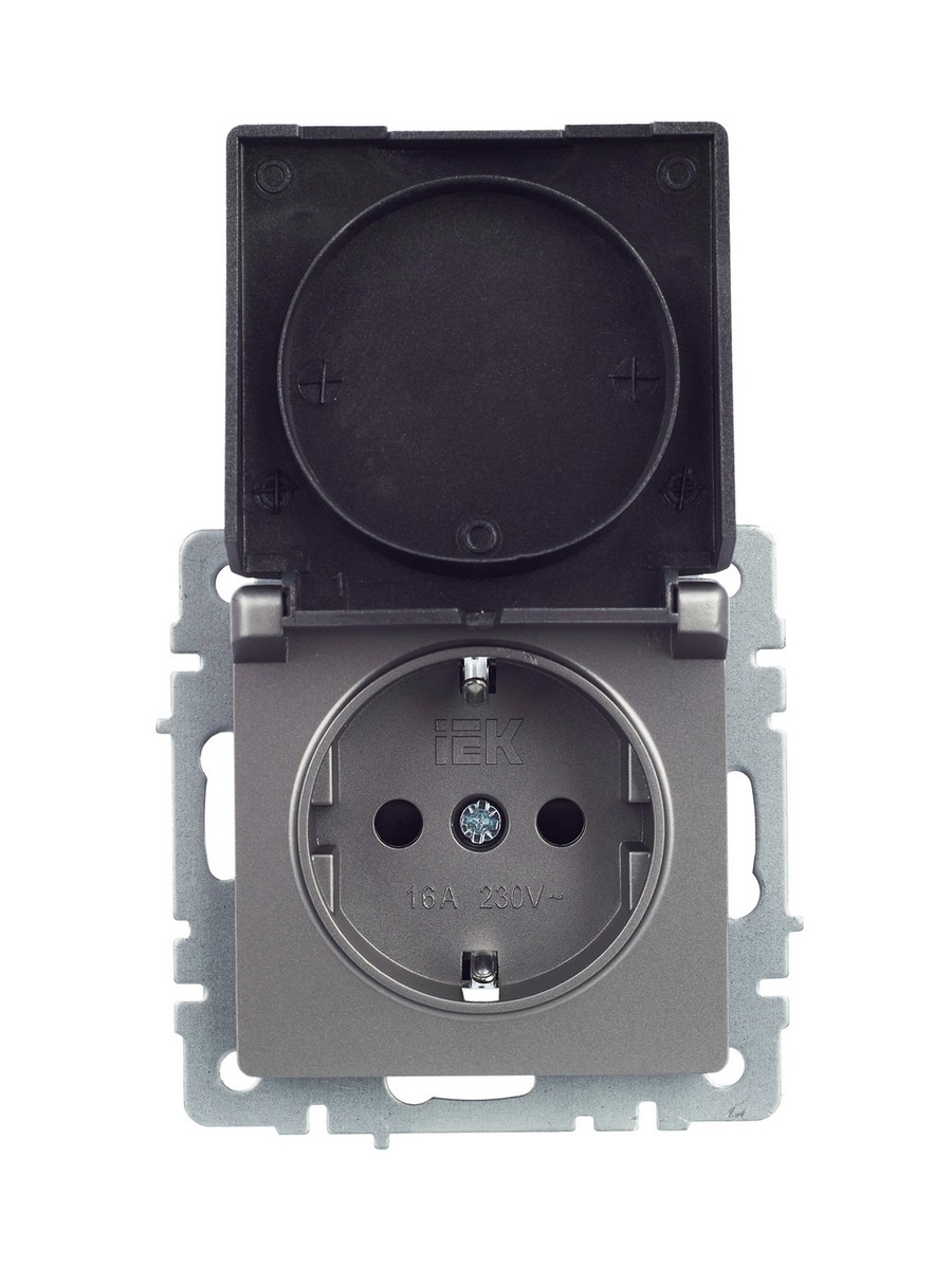 Розетка IEK BRITE с/з с шторками и крышкой 16А IP20 РСбш10-3-БрС сталь BR-R16-16-K46