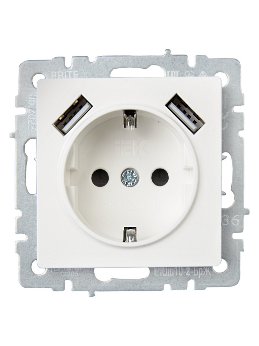 Розетка IEK BRITE с с/з и шторками 16А с USB A+A 3,1А РЮш10-2-БрЖ жемчужный BR-R14-16-U21-D31-K36