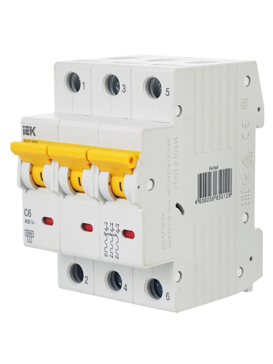 3 полюсные (трехполюсные) Автоматический выключатель IEK KARAT ВА47-60M 3Р 6А 6кА С MVA31-3-006-C 