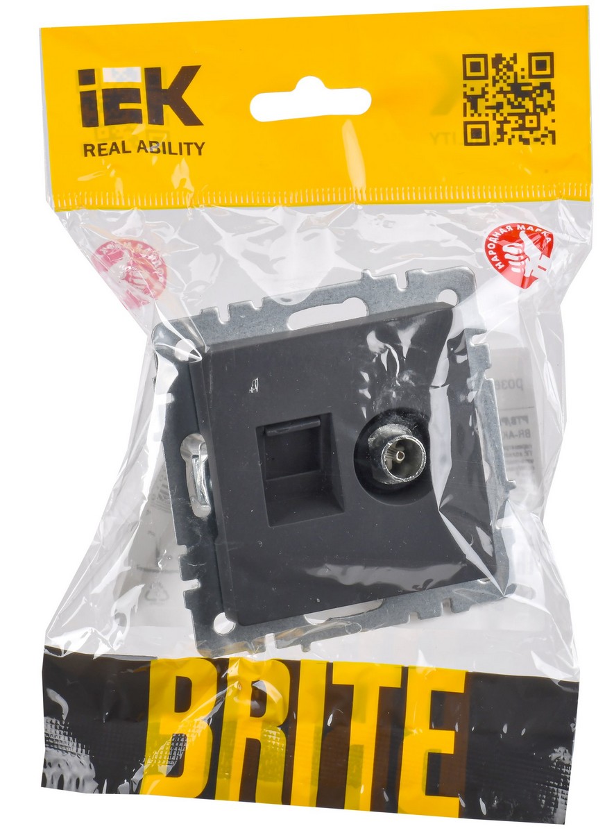 Розетка IEK BRITE двойная TV+RJ45 кат.5E РТВ/РК12-БрГ графит BR-AK20-1-K53