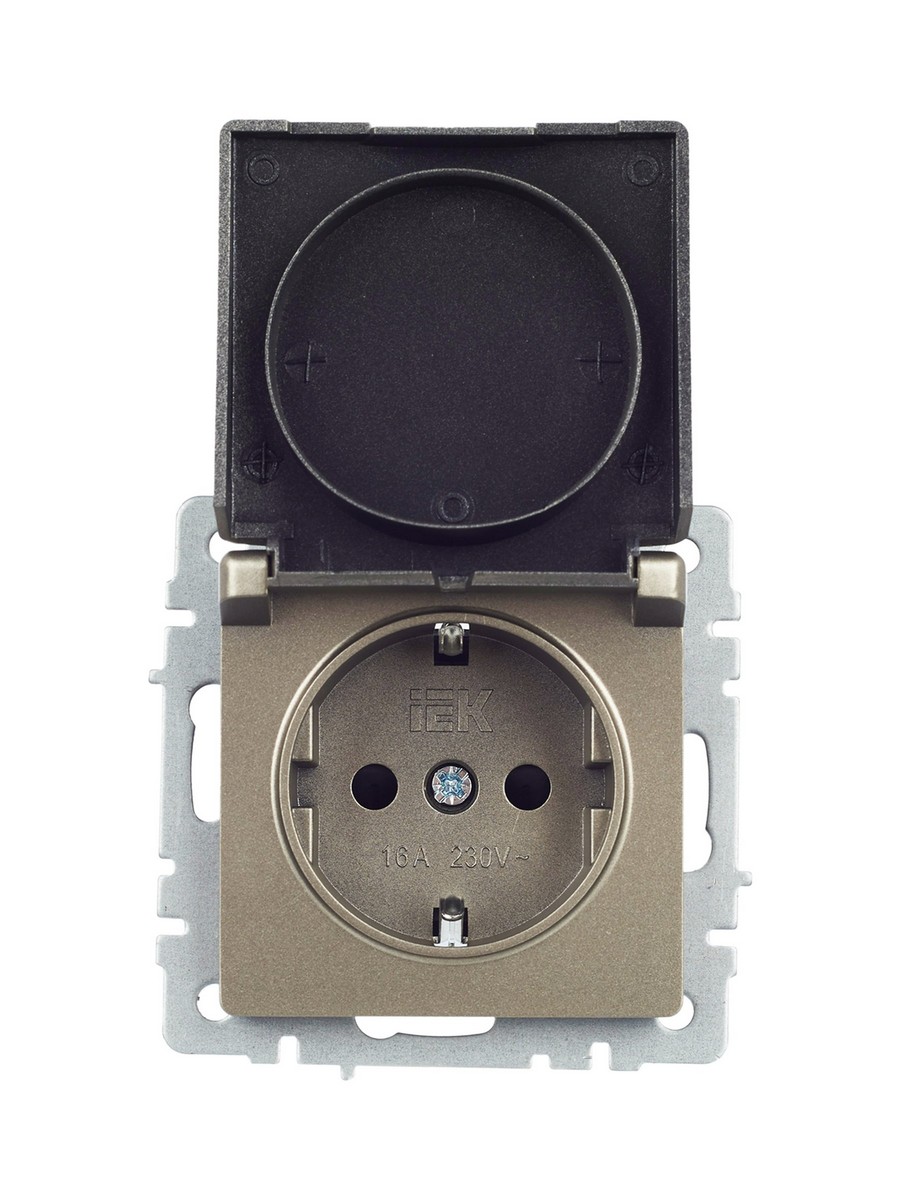 Розетка IEK BRITE с/з с шторками и крышкой 16А IP20 РСбш10-3-БрШ шампань BR-R16-16-K37