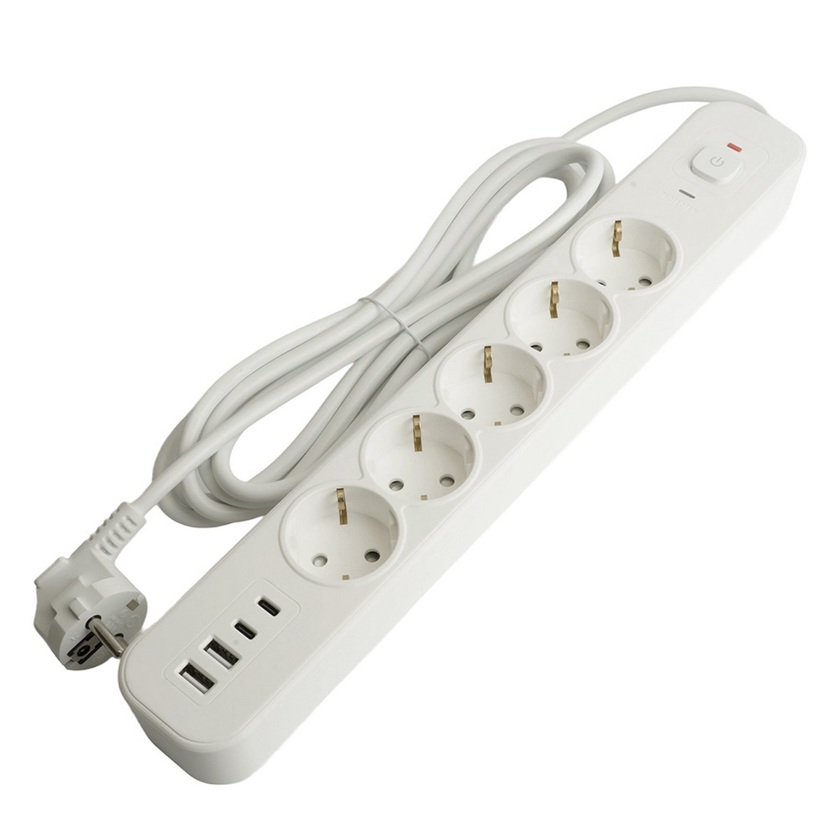 Сетевой фильтр 5-местный с/з STEKKER 3x1мм2 5 м 250В 16А 2 USB-A+2 Type-C 3 серия Nova белый 50104