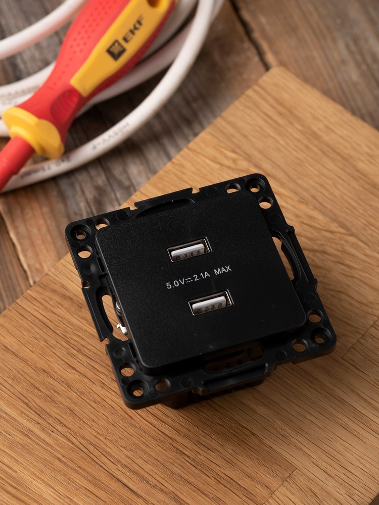 Розетка USB EKF PROxima Стокгольм Черный 2-ая 21А  EZR16-028-10-2USB