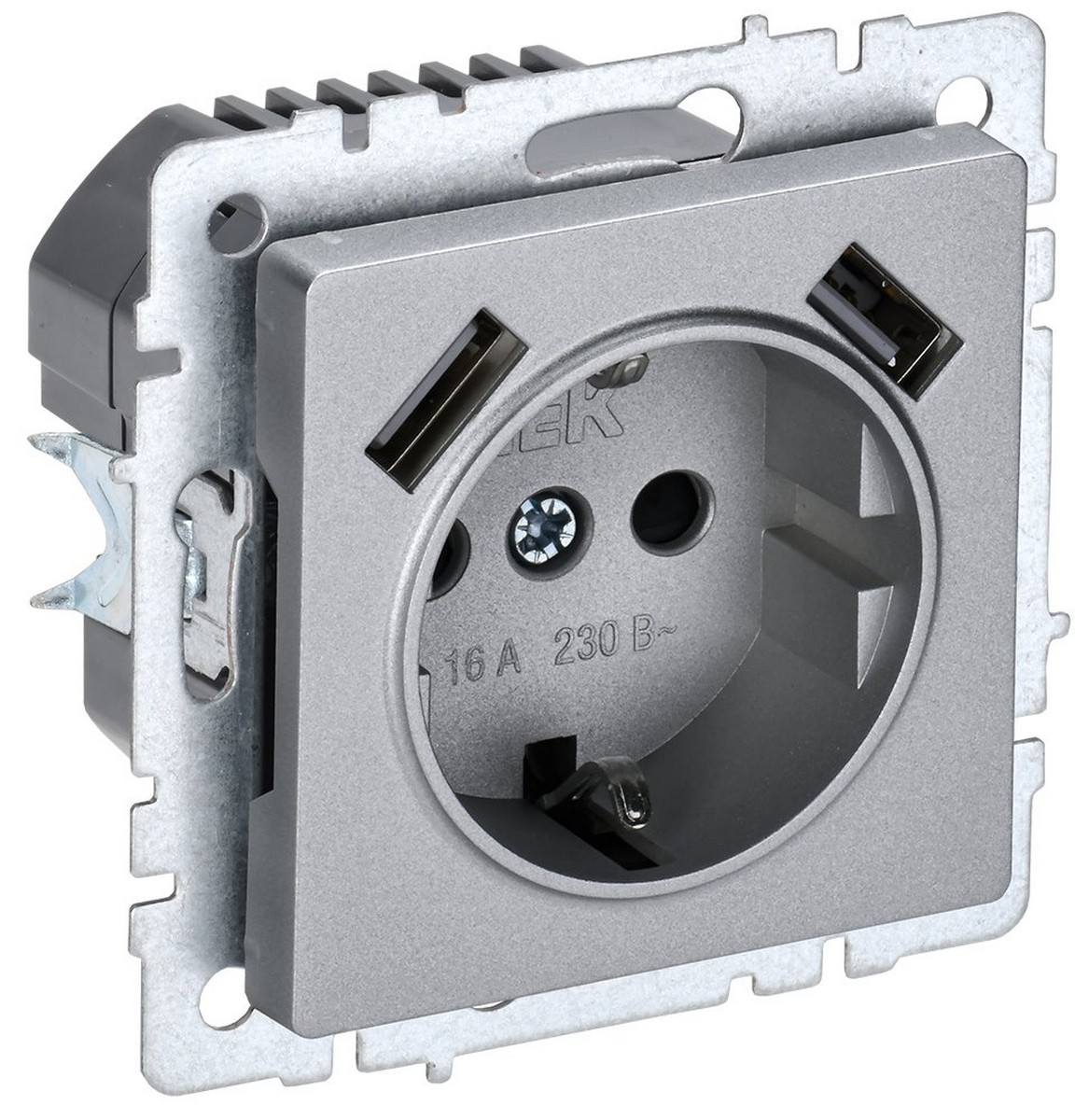 IEK Brite Алюминий Розетка IEK BRITE с с/з и шторками 16А с USB A+A 3,1А РЮш10-2-БрА алюминий BR-R14-16-U21-D31-K47