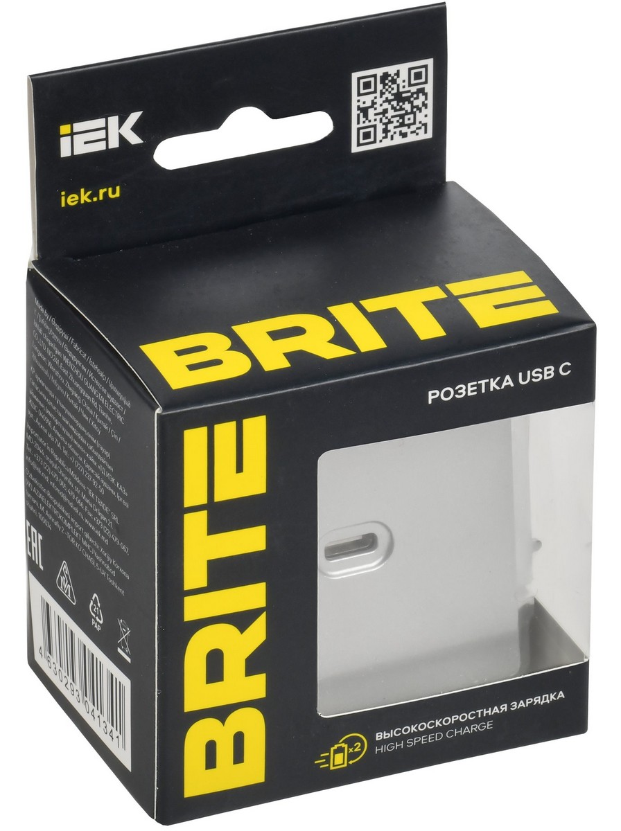 Розетка USB IEK BRITE C 65Вт высокоскор. зар. РЮ12-1-БрА алюминий