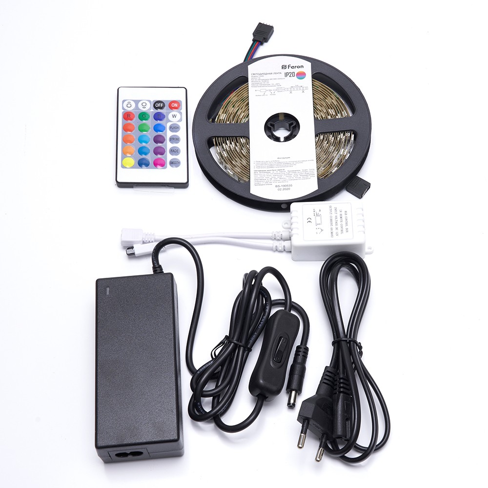 Лента светодиодная Feron LS606 60SMD(5050)/м 14.4Вт/м 12V IP20 RGB 5 метров (комплект с адаптером, контроллером, вилкой и пультом) 27706