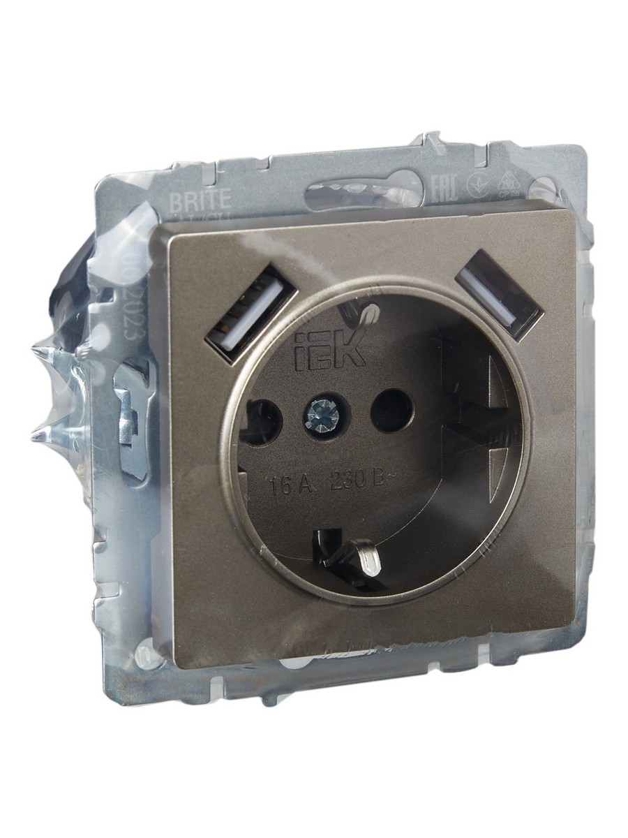 IEK Brite Шампань Розетка IEK BRITE с с/з и шторками 16А с USB A+A 2,1А РЮш10-1-БрШ шампань BR-R14-16-U21-D21-K37