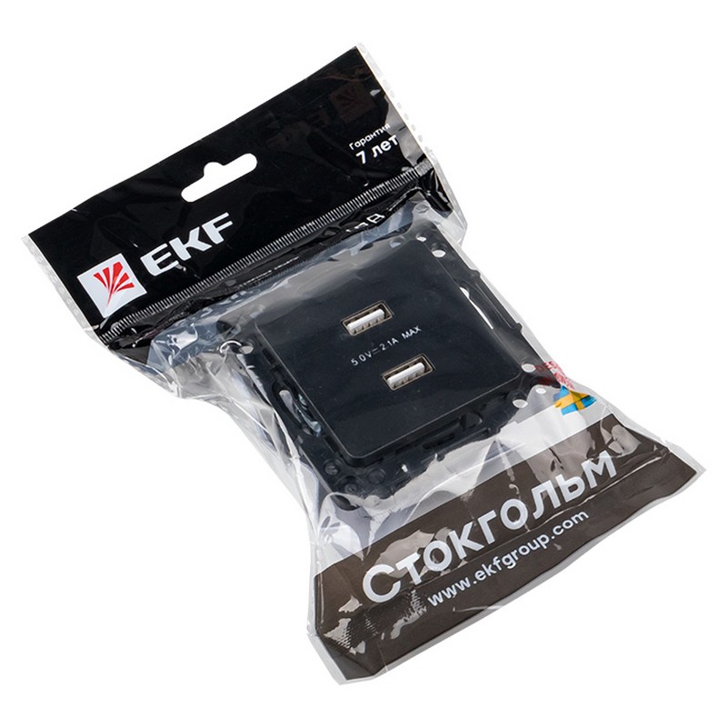 Розетка USB EKF PROxima Стокгольм Черный 2-ая 21А  EZR16-028-10-2USB