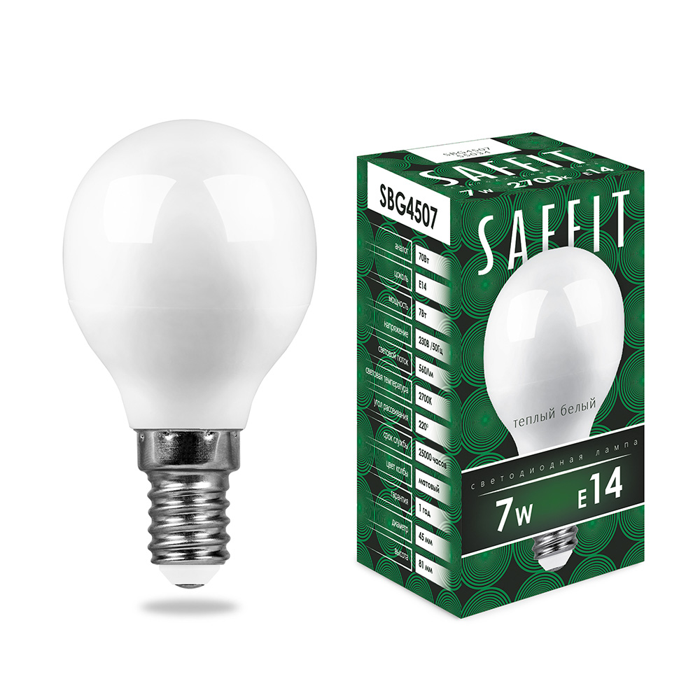 Лампа светодиодная SAFFIT SBG4507 Шарик E14 7W 2700K 55034