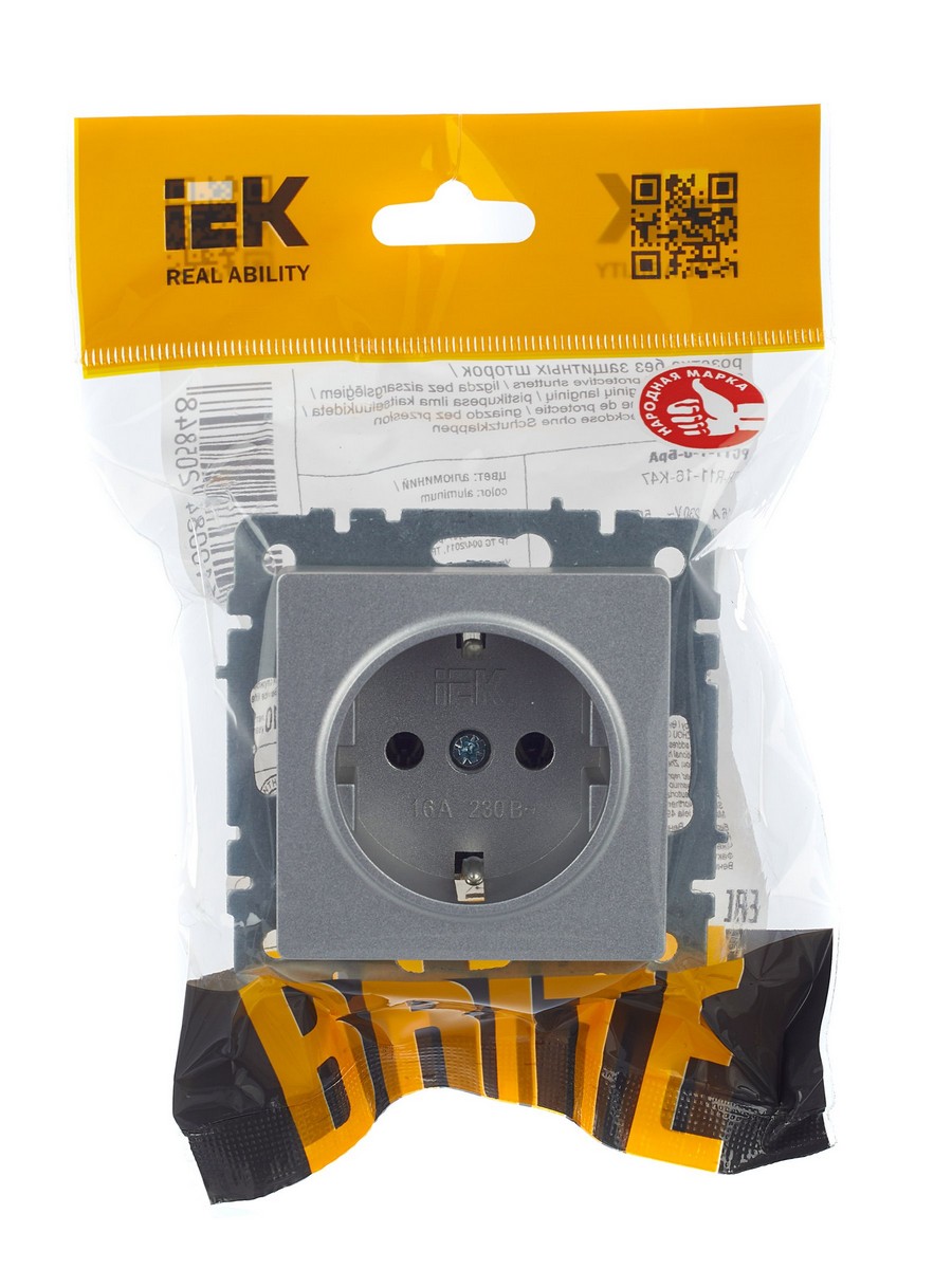 IEK Brite Алюминий Розетка IEK BRITE с/з без шторок 16А РС11-1-0-БрА алюминий BR-R11-16-K47