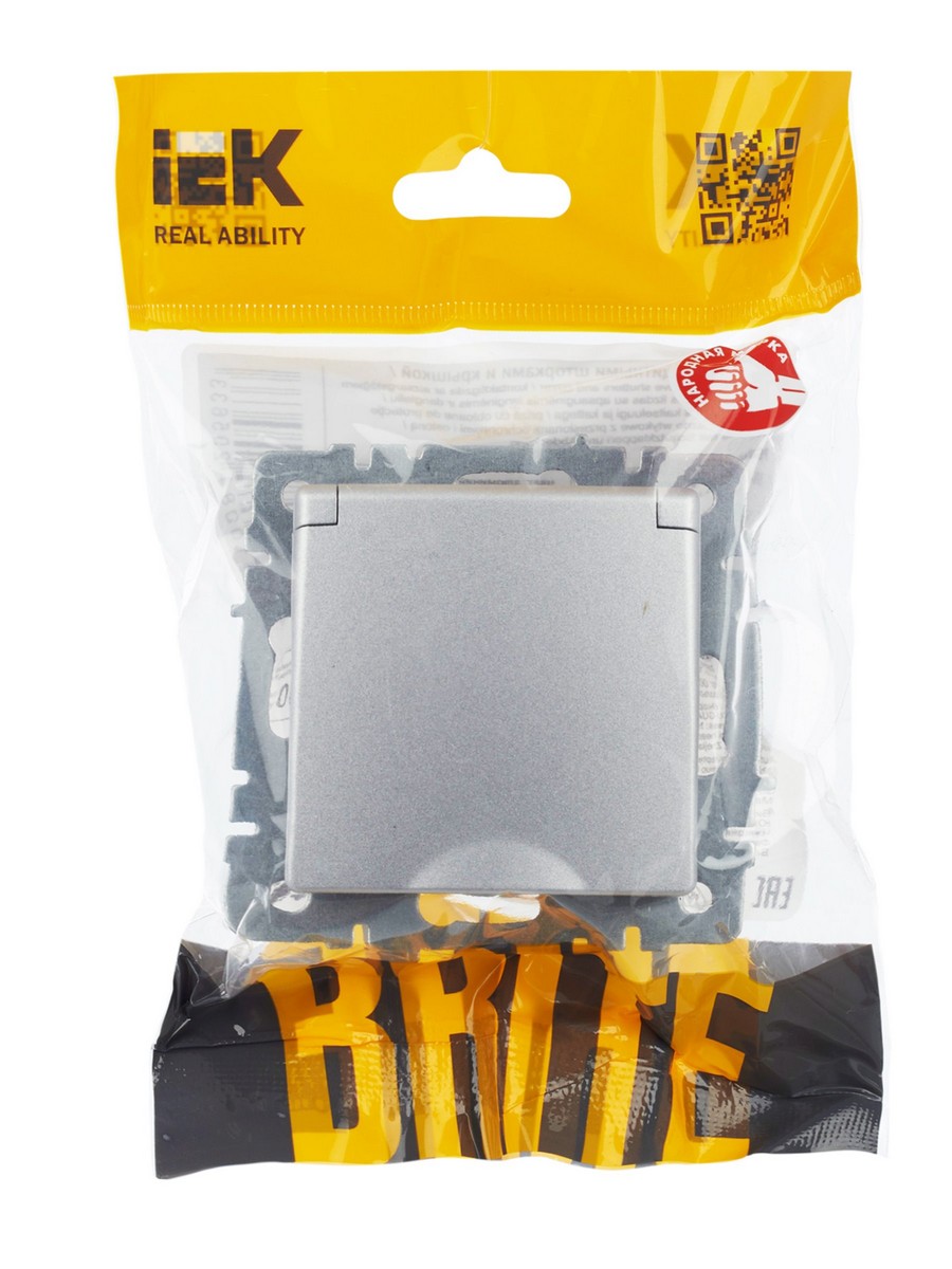 Розетка IEK BRITE с/з с шторками и крышкой 16А IP20 РСбш10-3-БрА алюминий BR-R16-16-K47