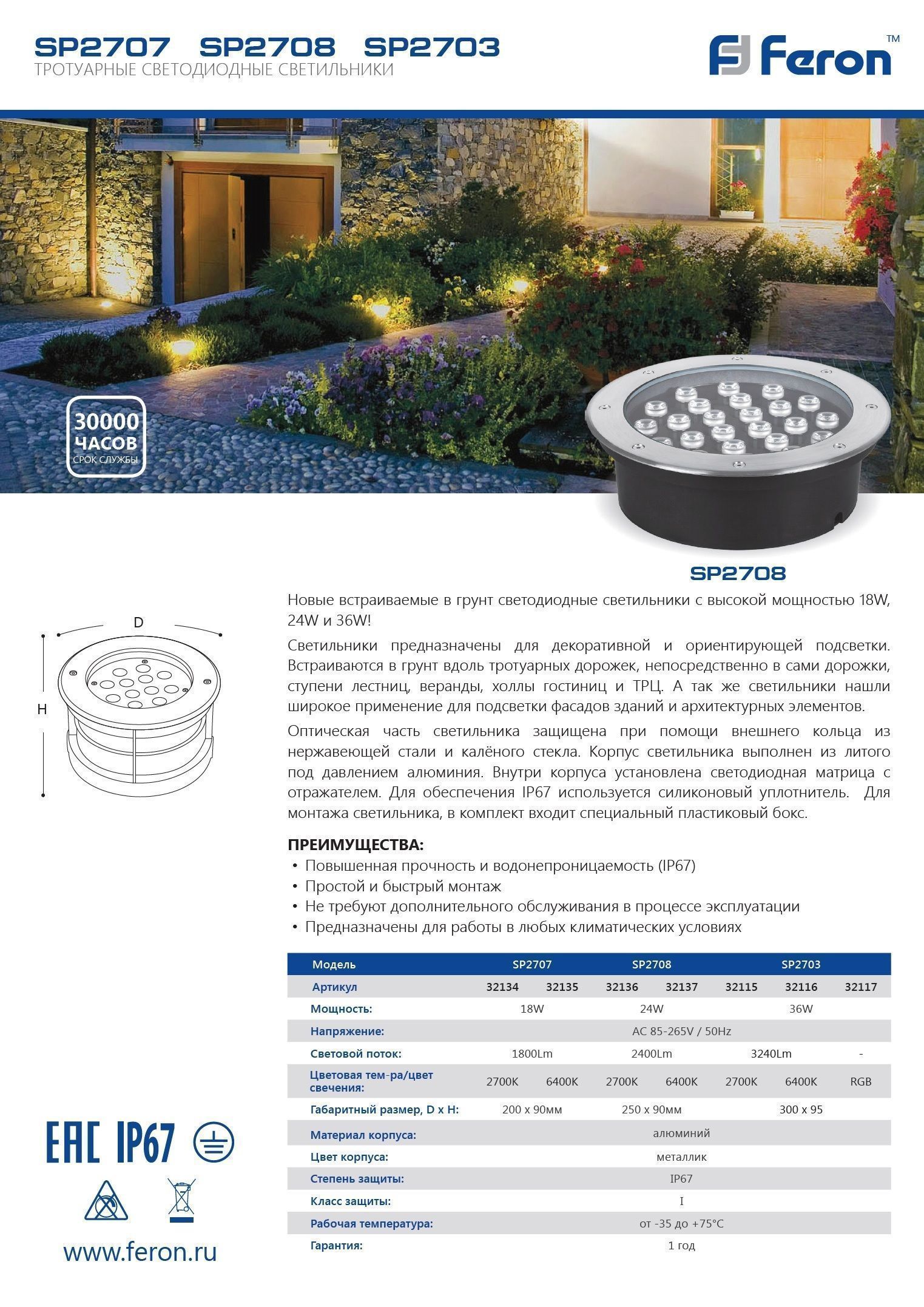 Светодиодные ландшафтные светильники Ландшафтный светильник светодиодный (грунтовый) Feron SP2707 18W 2700K 85-265V IP67 32134 