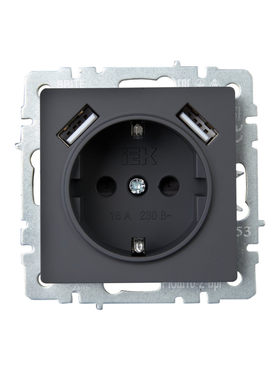 Розетка IEK BRITE с с/з и шторками 16А с USB A+A 3,1А РЮш10-2-БрГ графит BR-R14-16-U21-D31-K53