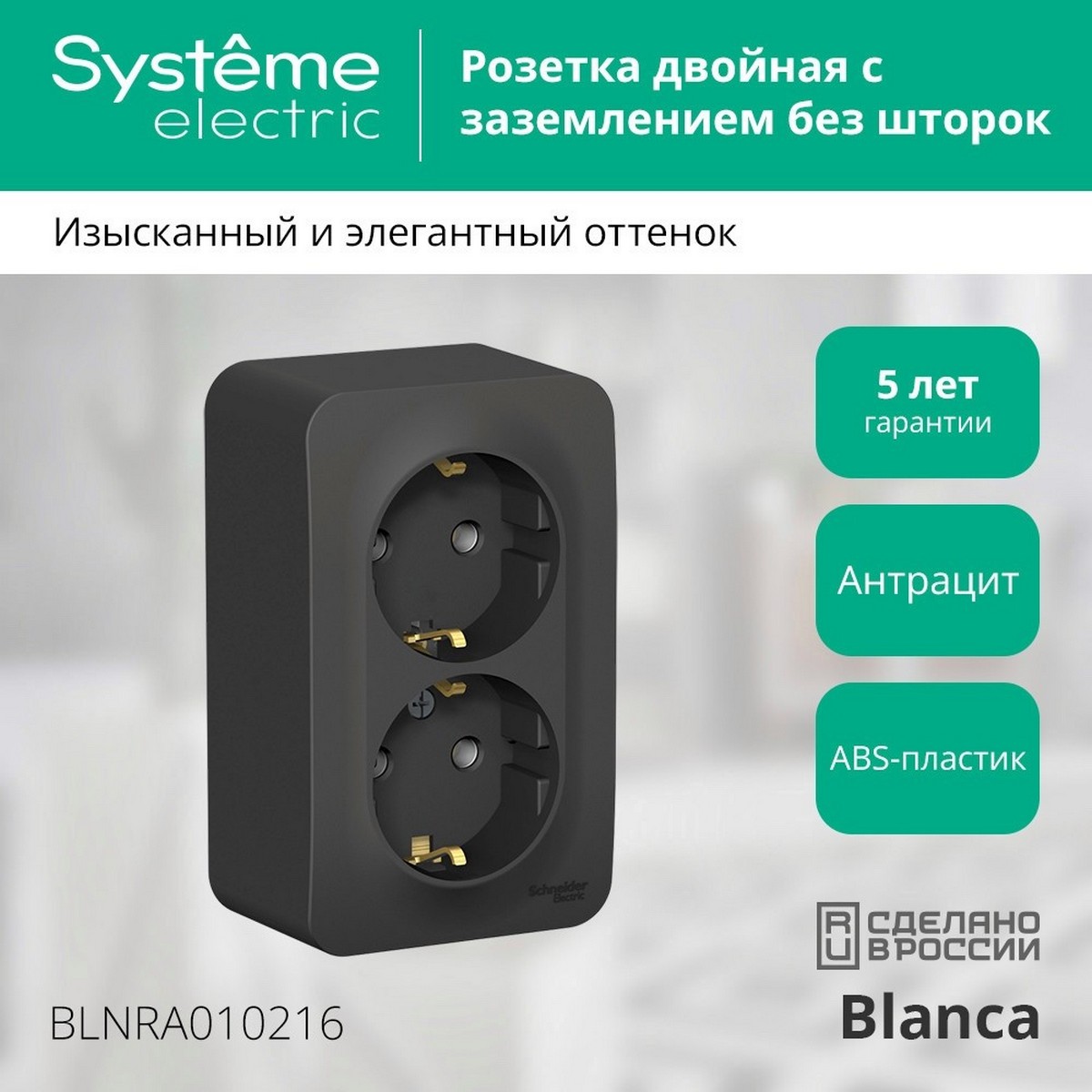 Розетка SE Blanca 2-ая Антрацит наружный с/з без шторок изолир. пластина BLNRA010216