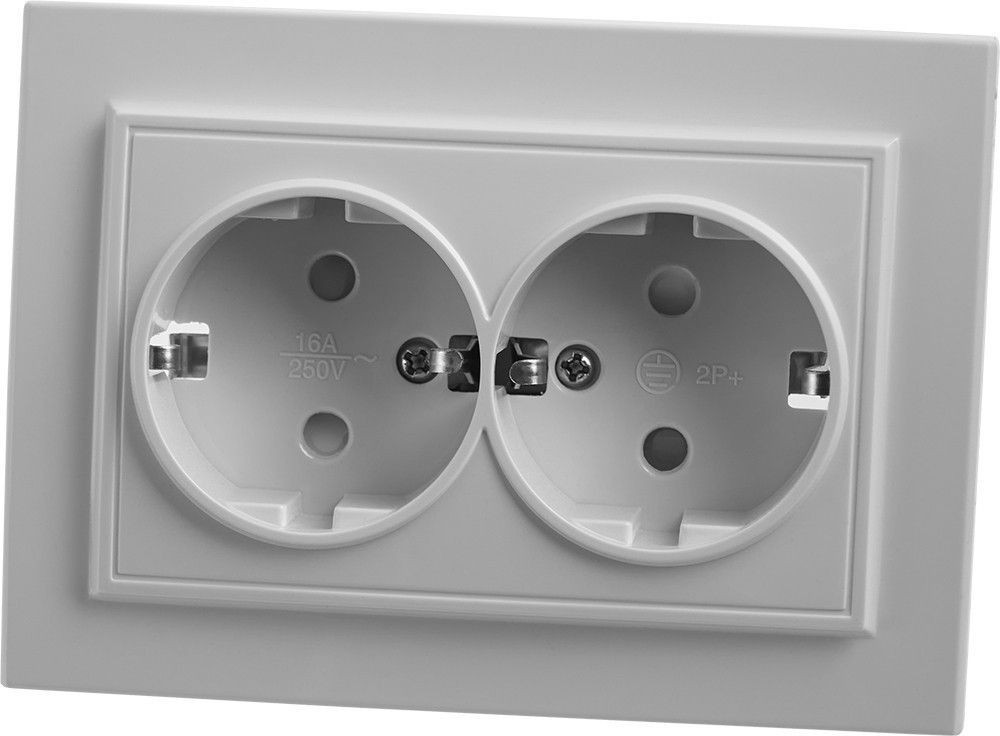 Эрна - Розетки и выключатели Stekker Розетка 2-местная с/з STEKKER PST16-9014-01 16А с защ. шторкой Эрна белый с рамкой 39054