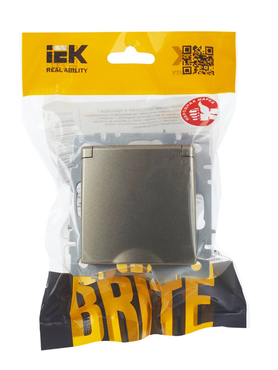 Розетка IEK BRITE с/з с шторками и крышкой 16А IP20 РСбш10-3-БрШ шампань BR-R16-16-K37