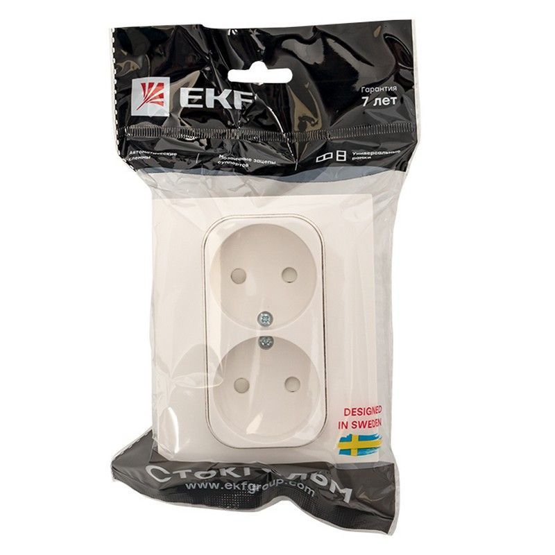 EKF Стокгольм белый Розетка EKF PROxima Стокгольм Белый 2-ая б/з с рамкой 10А со шторками EXR10-102-10