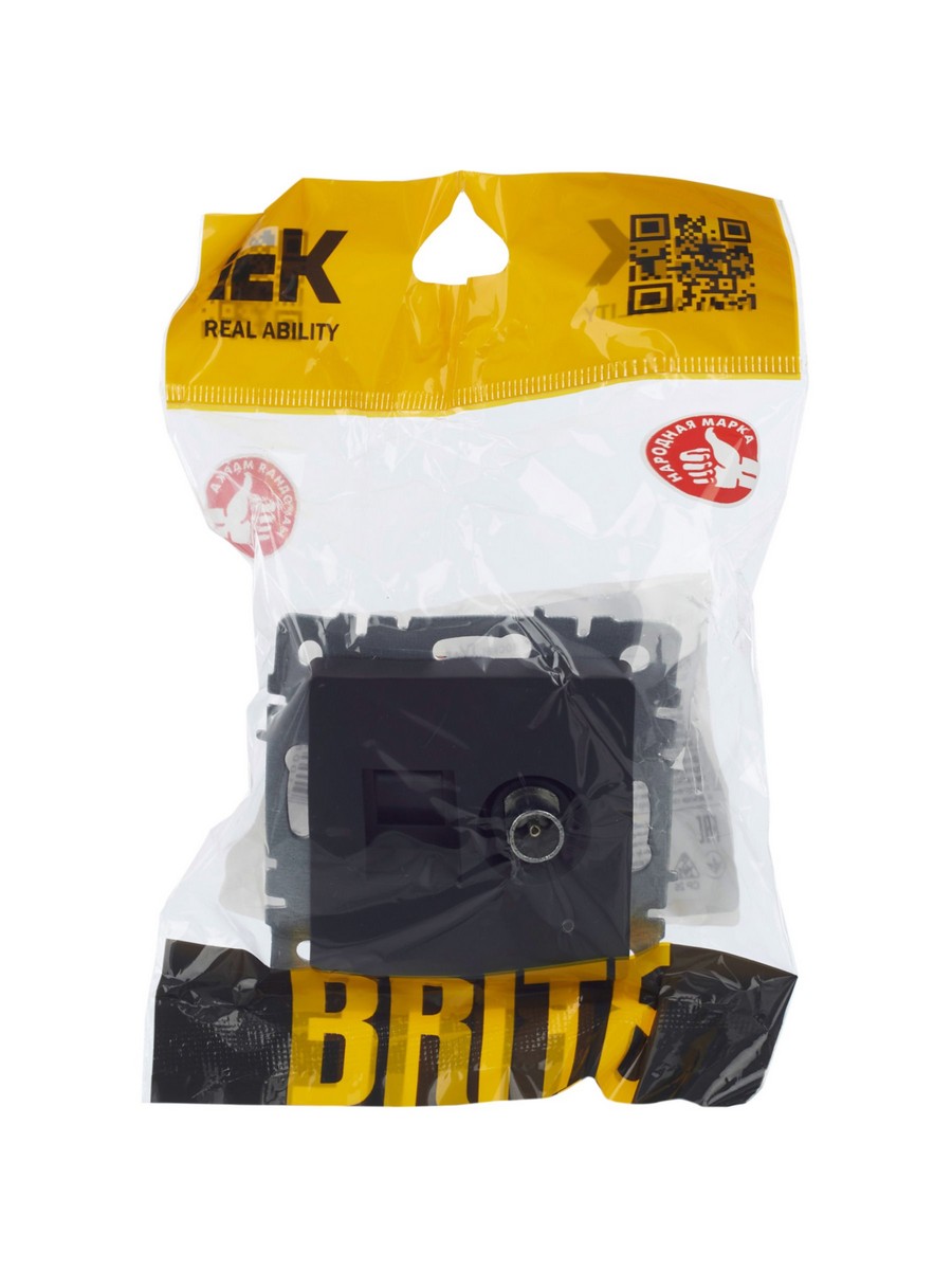 Розетка IEK BRITE двойная TV+RJ45 кат.5E РТВ/РК12-БрГ графит BR-AK20-1-K53