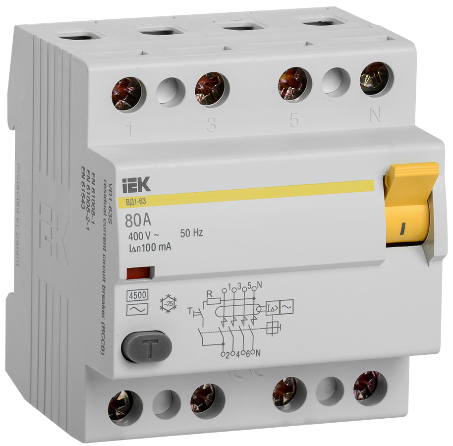 IEK Выключатель дифференциальный IEK KARAT ВД1-63 (УЗО) 4Р 80А 100мА MDV10-4-080-100 