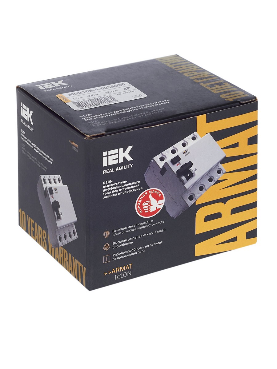 ВДТ УЗО IEK ARMAT R10N 4P 25А 30мА тип A AR-R10N-4-025A030