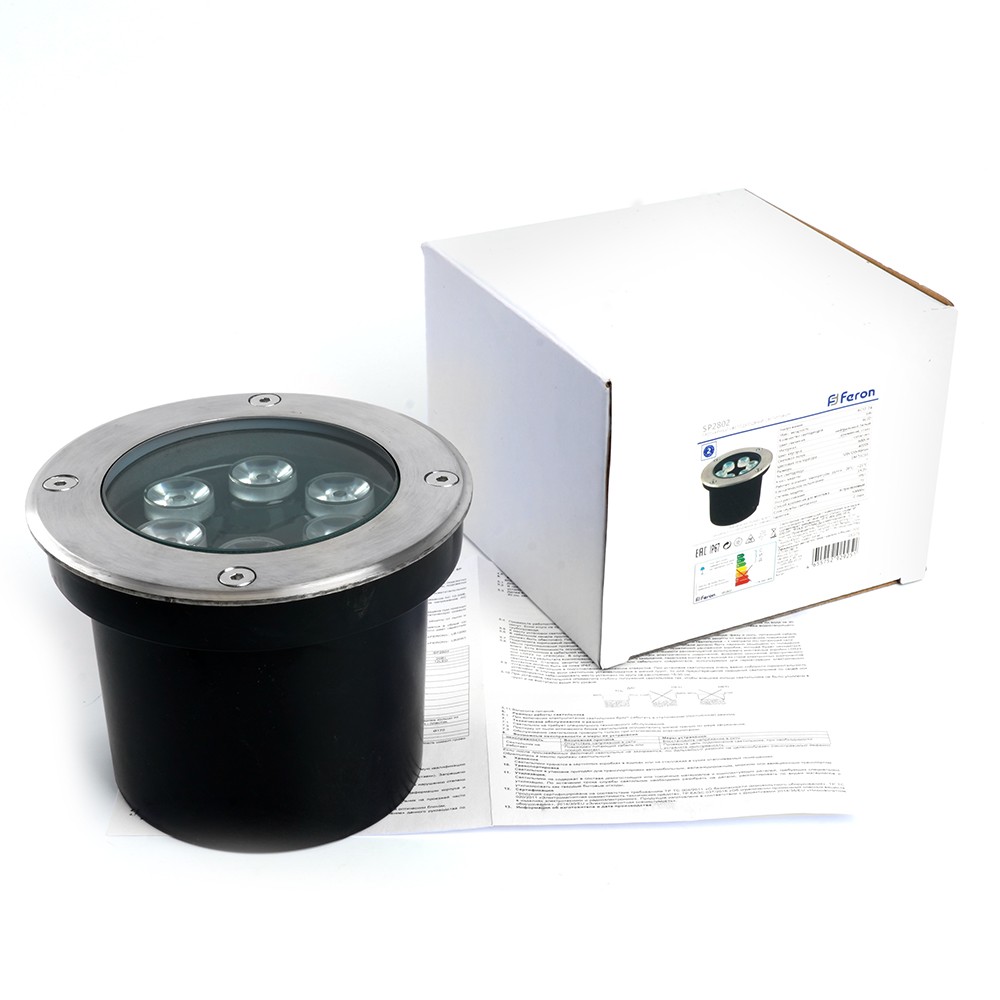 Светодиодный светильник тротуарный (грунтовый) Feron SP2802 6W AC12-24V низковольтный 3000К металлик D120*H90mm вн.диаметр: 90mm IP67 48453