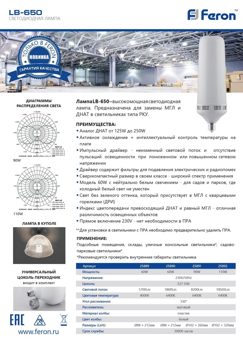 Лампа светодиодная Feron LB-650 E27-E40 60W 6400K 25890