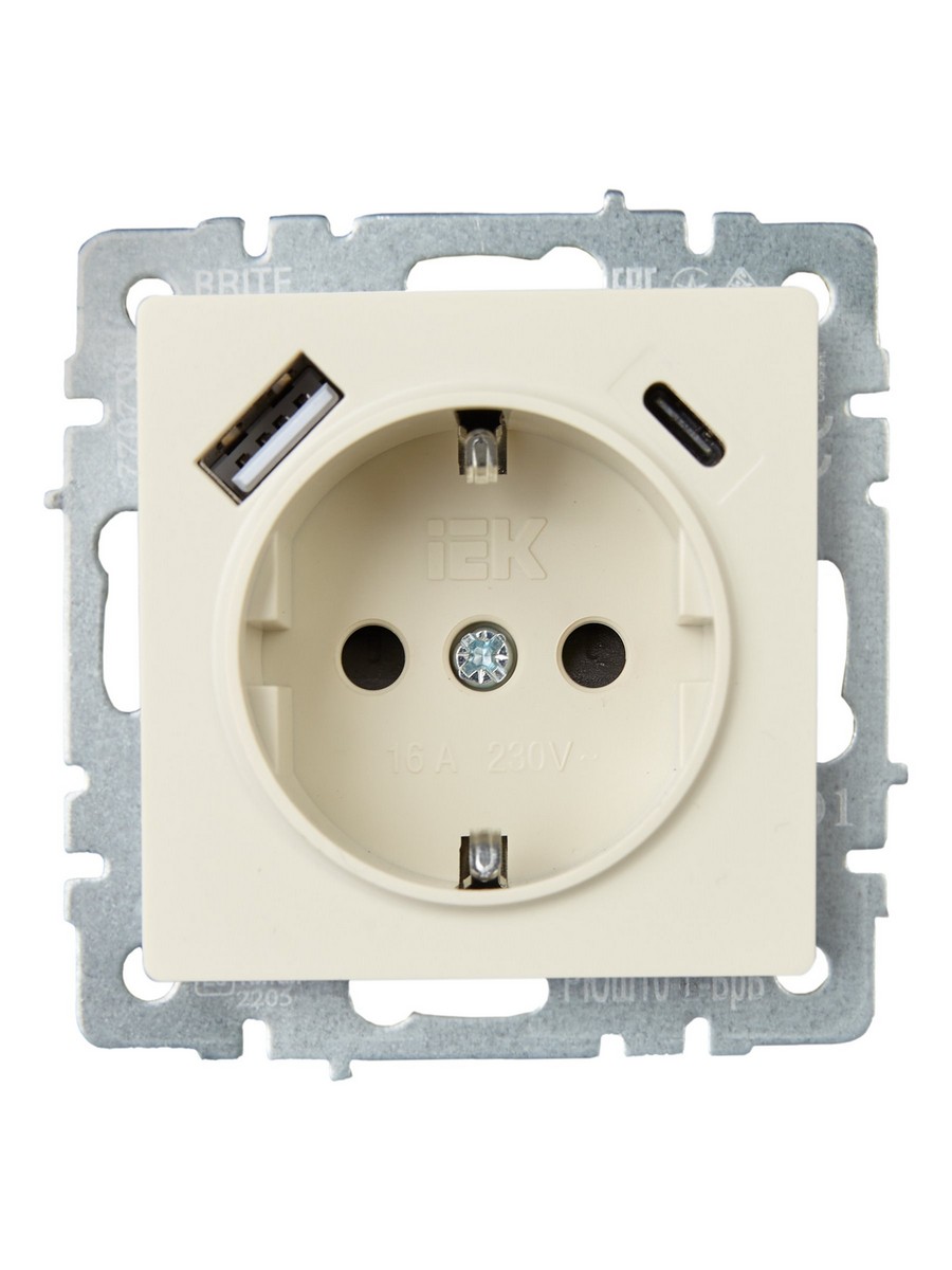 Розетка IEK BRITE с с/з и шторками 16А с USB A+C 18Вт РЮш11-1-БрКр бежевый BR-R14-16-U22-018-K10