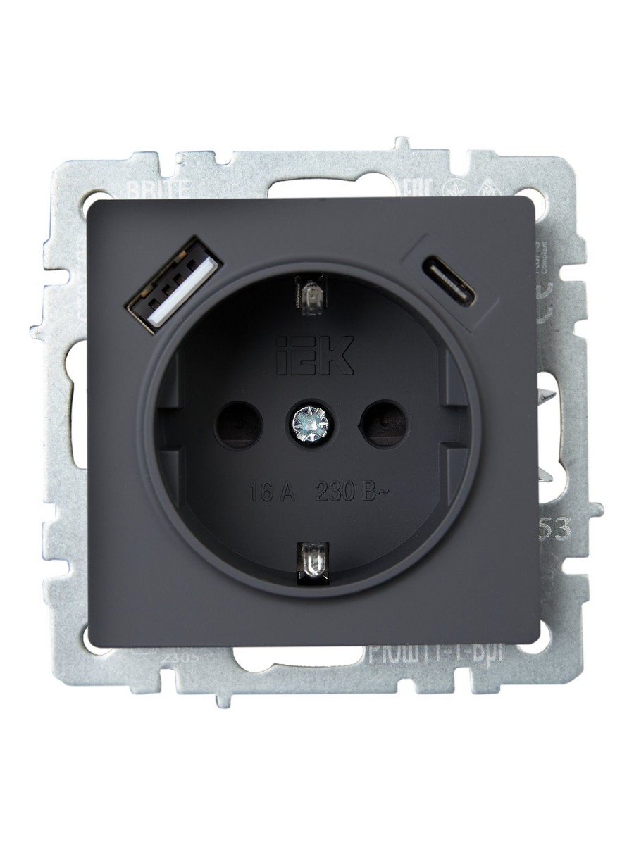 Розетка IEK BRITE с с/з и шторками 16А с USB A+C 18Вт РЮш11-1-БрГ графит BR-R14-16-U22-018-K53