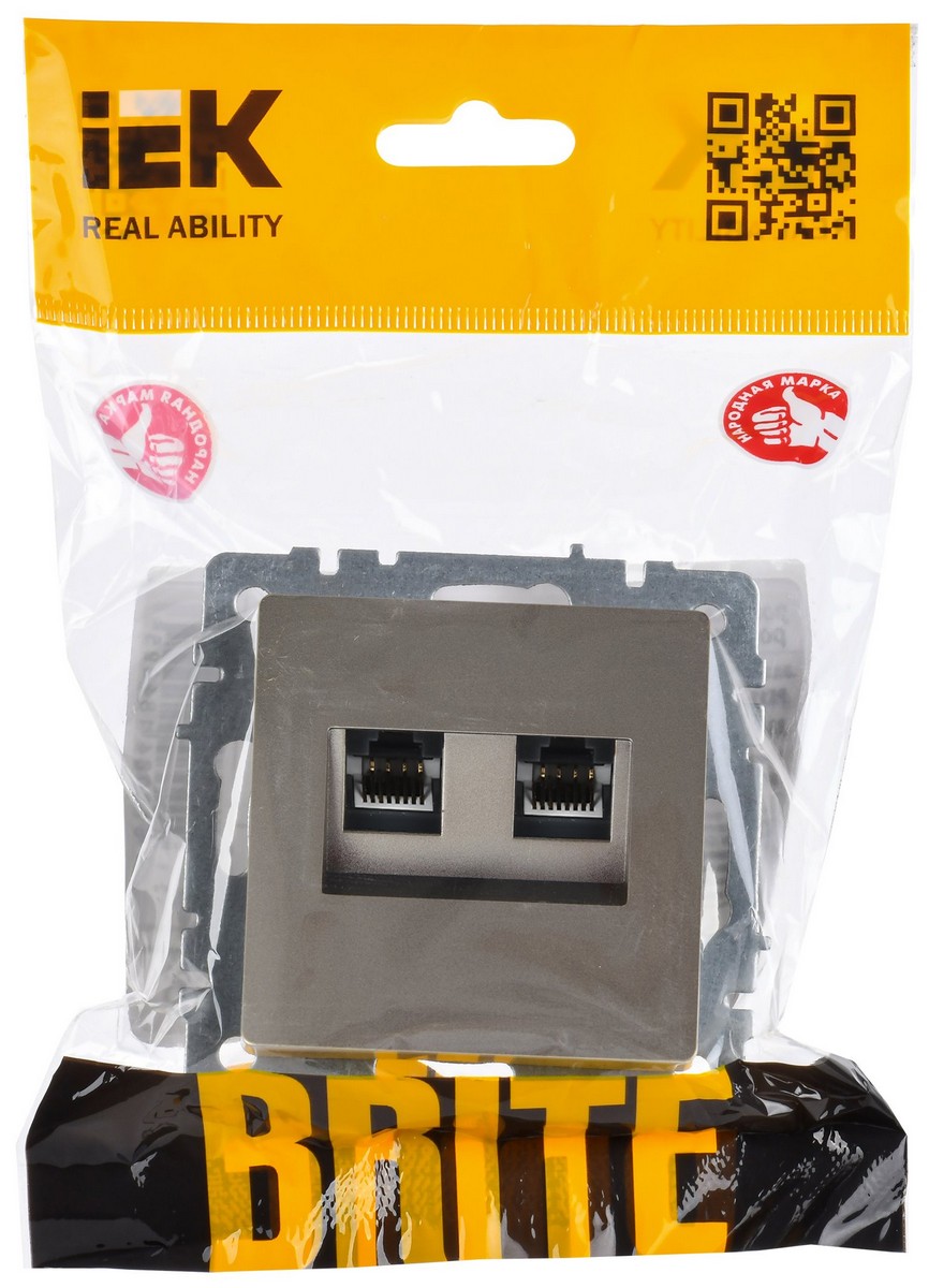Розетка IEK BRITE двойная RJ11+RJ45 кат.5E РК/Т12-БрС сталь BR-KT20-O-1-K46