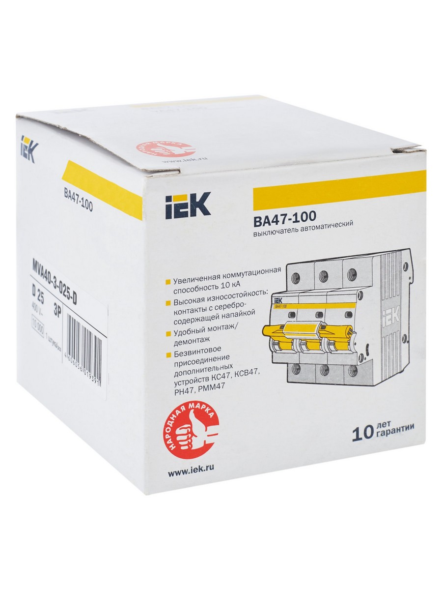 Автоматический выключатель IEK KARAT ВА47-100 3Р 25А 10кА х-ка D MVA40-3-025-D