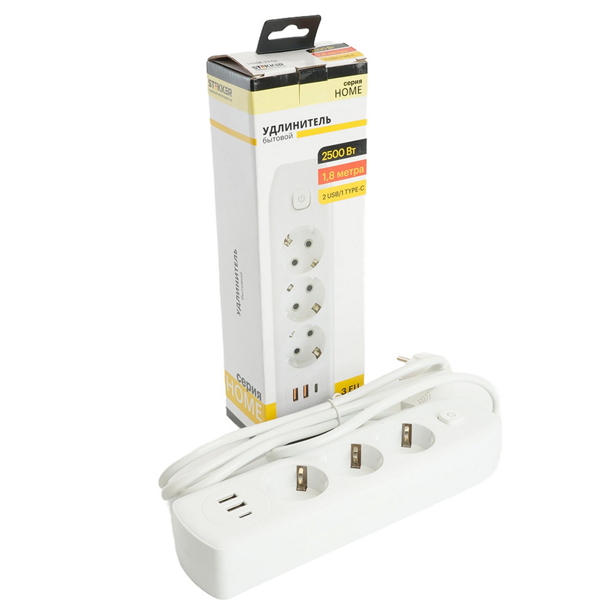 Удлинитель STEKKER HM08-33-02 3-местный c/з 3x1 мм2 1,8 м 2USB+1Type-C 2,4А Home белый 49970
