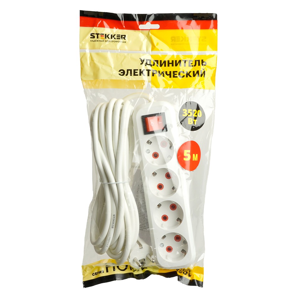 Колодки и удлинители, тройники Удлинитель STEKKER четырехместный с/з с выключ. HM07-41-05 5м Home (У16А-003) белый 49360 