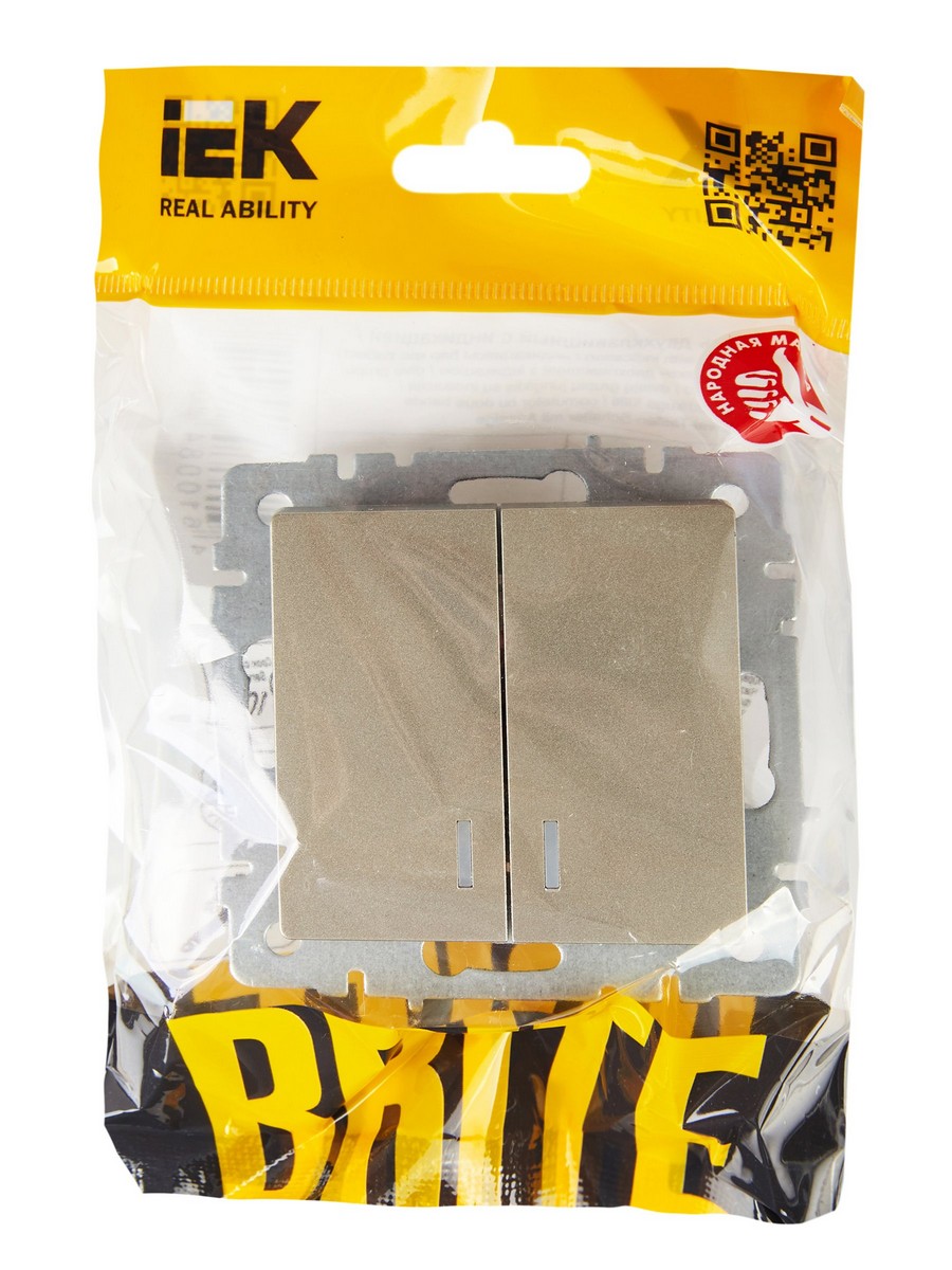 IEK Brite Шампань Выключатель IEK BRITE 2-клавишный с индикацией 10А ВС10-2-1-БрШ шампань BR-V20-1-10-K37