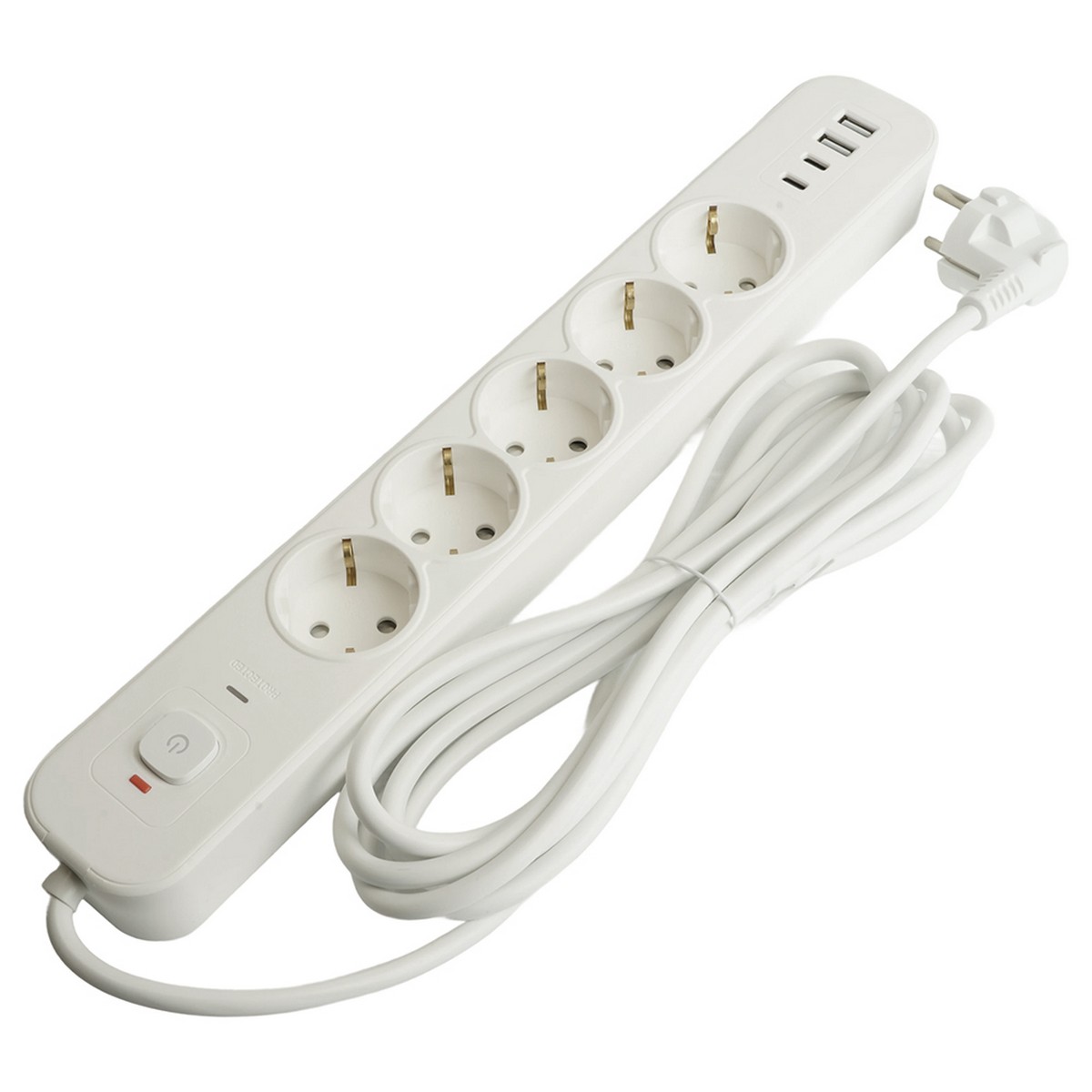Сетевой фильтр 5-местный с/з STEKKER 3x1мм2 3 м 250В 16А 2 USB-A+2 Type-C 3 серия Nova белый 50103