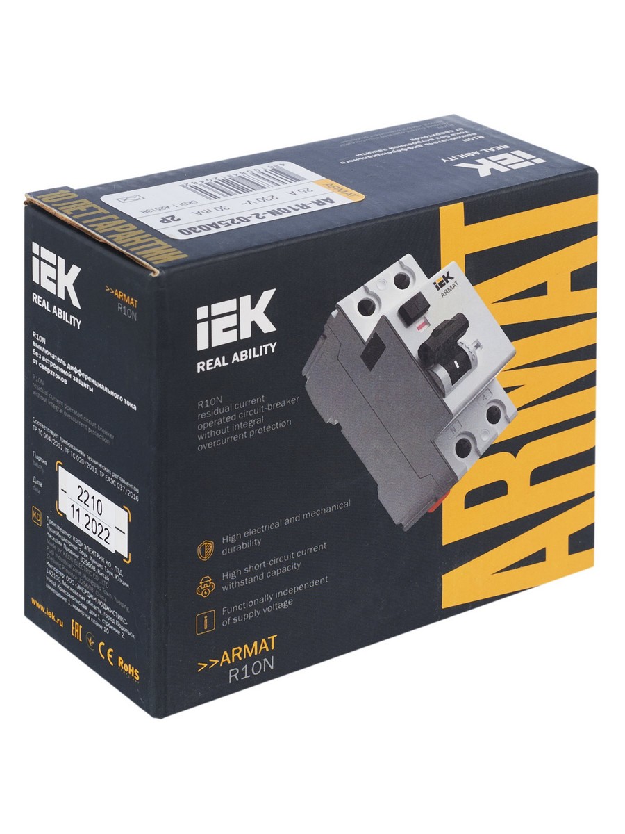 ВДТ УЗО IEK ARMAT R10N 2P 25А 30мА тип A AR-R10N-2-025A030
