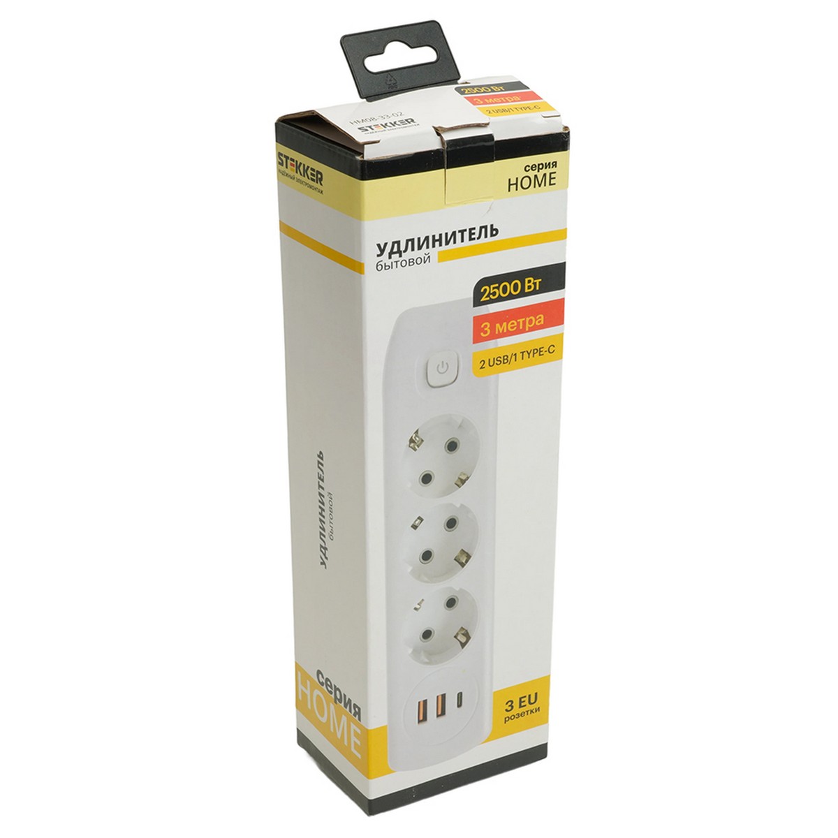Удлинитель STEKKER HM08-33-02 3-местный c/з 3x1 мм2 3 м 2USB+1Type-C 2,4А Home белый 49977